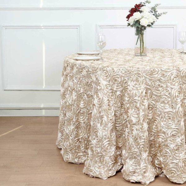 Rosette & Petals |  120″ Beige Seamless Grandiose 3D Rosette Satin Round Tablecloth for 5 Foot Table With Floor-Length Drop