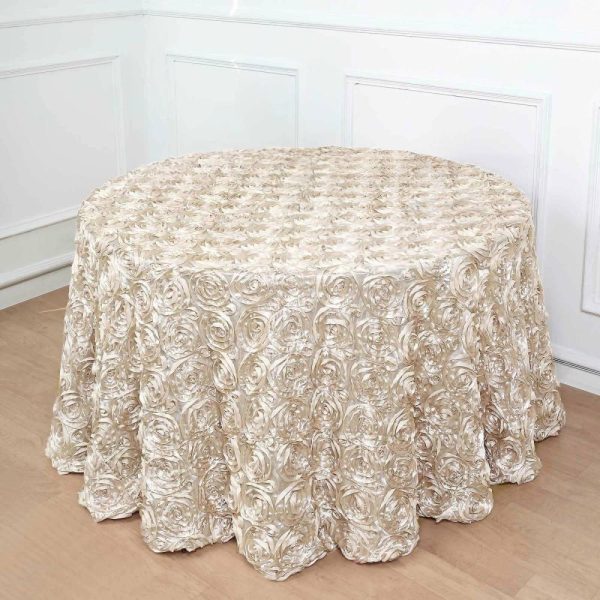 Rosette & Petals |  120″ Beige Seamless Grandiose 3D Rosette Satin Round Tablecloth for 5 Foot Table With Floor-Length Drop