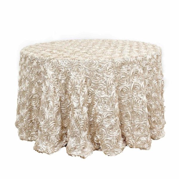 Rosette & Petals |  120″ Beige Seamless Grandiose 3D Rosette Satin Round Tablecloth for 5 Foot Table With Floor-Length Drop