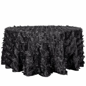 Rosette & Petals |  120″ Black Leaf Petal Taffeta Seamless Round Tablecloth for 5 Foot Table With Floor-Length Drop