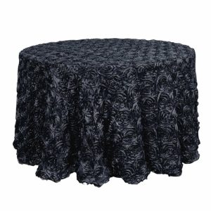 Rosette & Petals |  120″ Black Seamless Grandiose 3D Rosette Satin Round Tablecloth for 5 Foot Table With Floor-Length Drop