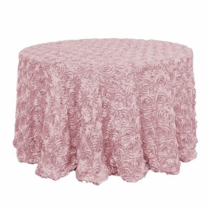 Rosette & Petals |  120″ Blush Seamless Grandiose 3D Rosette Satin Round Tablecloth for 5 Foot Table With Floor-Length Drop