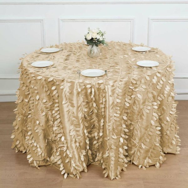 Rosette & Petals |  120″ Champagne 3D Leaf Petal Taffeta Fabric Seamless Round Tablecloth for 5 Foot Table With Floor-Length Drop