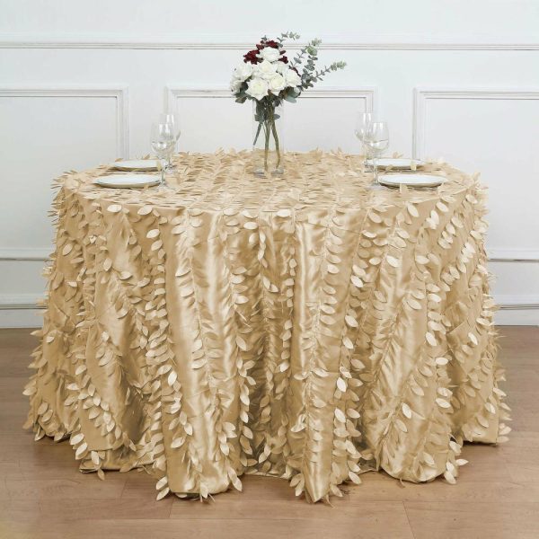 Rosette & Petals |  120″ Champagne 3D Leaf Petal Taffeta Fabric Seamless Round Tablecloth for 5 Foot Table With Floor-Length Drop