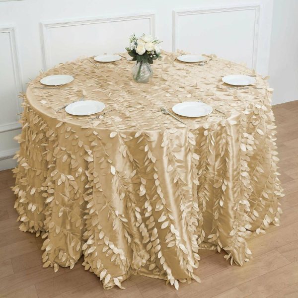 Rosette & Petals |  120″ Champagne 3D Leaf Petal Taffeta Fabric Seamless Round Tablecloth for 5 Foot Table With Floor-Length Drop