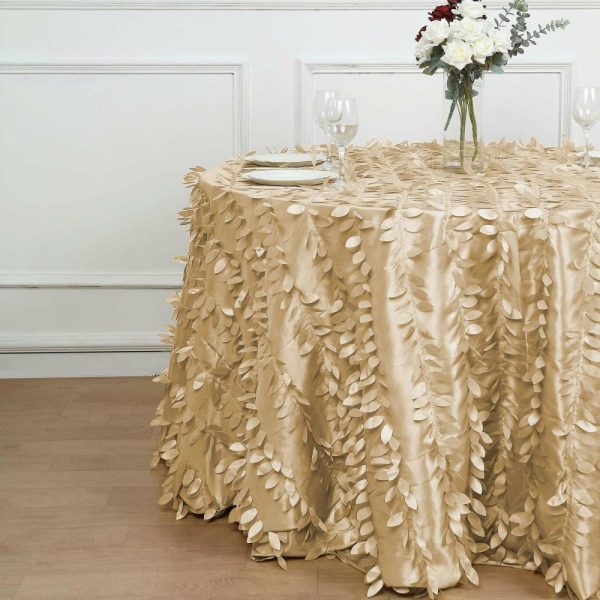 Rosette & Petals |  120″ Champagne 3D Leaf Petal Taffeta Fabric Seamless Round Tablecloth for 5 Foot Table With Floor-Length Drop