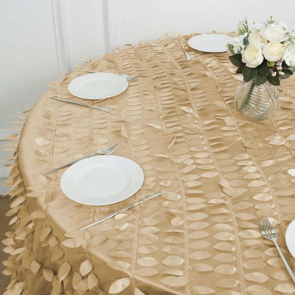 Rosette & Petals |  120″ Champagne 3D Leaf Petal Taffeta Fabric Seamless Round Tablecloth for 5 Foot Table With Floor-Length Drop