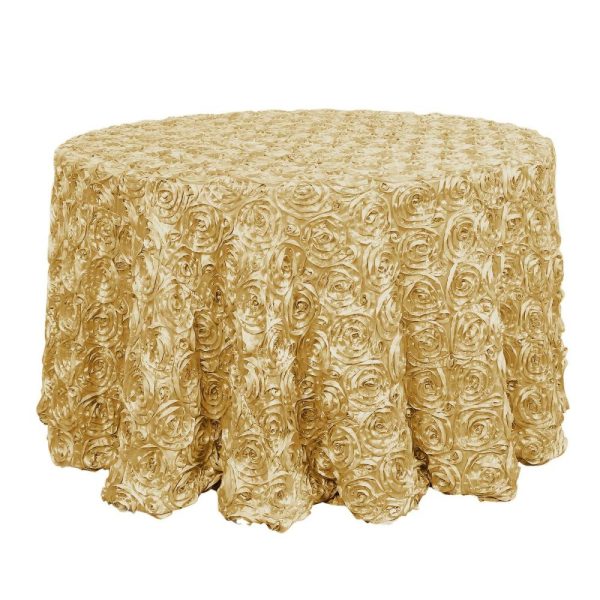 Rosette & Petals |  120″ Champagne Seamless Grandiose 3D Rosette Satin Round Tablecloth for 5 Foot Table With Floor-Length Drop