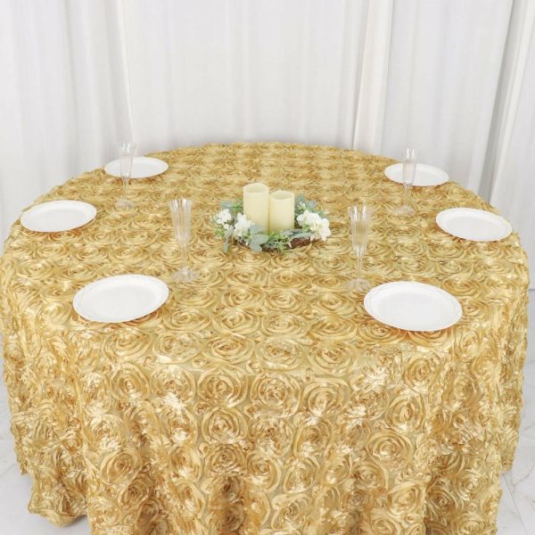 Rosette & Petals |  120″ Champagne Seamless Grandiose 3D Rosette Satin Round Tablecloth for 5 Foot Table With Floor-Length Drop