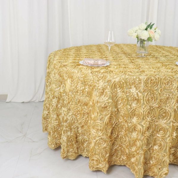 Rosette & Petals |  120″ Champagne Seamless Grandiose 3D Rosette Satin Round Tablecloth for 5 Foot Table With Floor-Length Drop