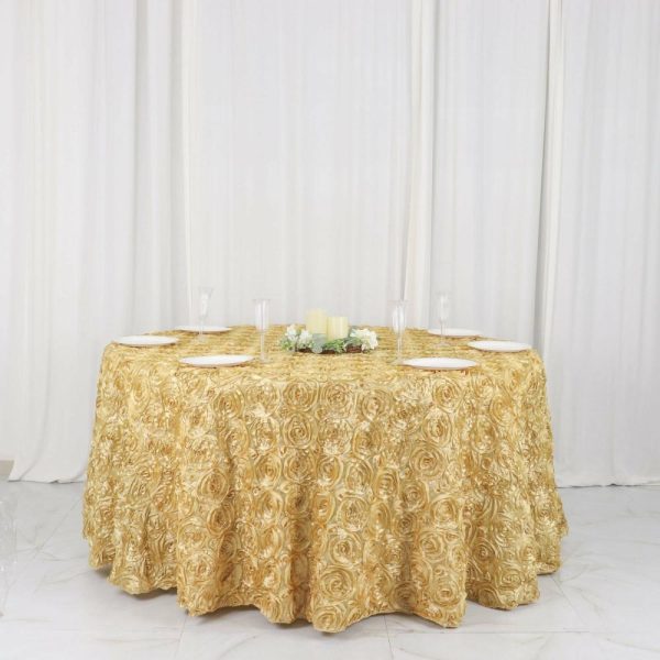 Rosette & Petals |  120″ Champagne Seamless Grandiose 3D Rosette Satin Round Tablecloth for 5 Foot Table With Floor-Length Drop