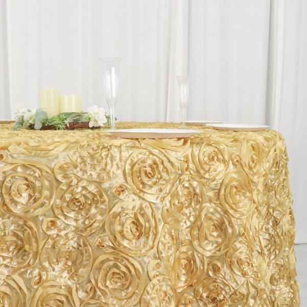 Rosette & Petals |  120″ Champagne Seamless Grandiose 3D Rosette Satin Round Tablecloth for 5 Foot Table With Floor-Length Drop