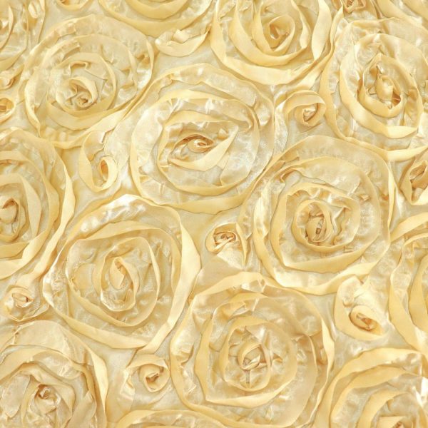 Rosette & Petals |  120″ Champagne Seamless Grandiose 3D Rosette Satin Round Tablecloth for 5 Foot Table With Floor-Length Drop