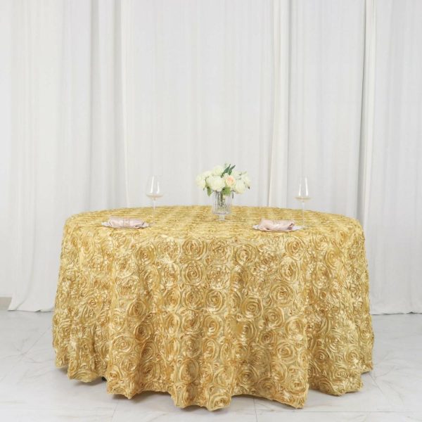 Rosette & Petals |  120″ Champagne Seamless Grandiose 3D Rosette Satin Round Tablecloth for 5 Foot Table With Floor-Length Drop