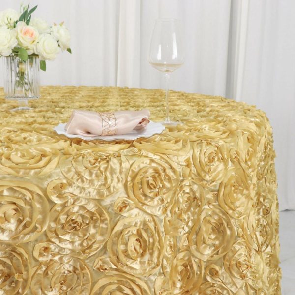 Rosette & Petals |  120″ Champagne Seamless Grandiose 3D Rosette Satin Round Tablecloth for 5 Foot Table With Floor-Length Drop