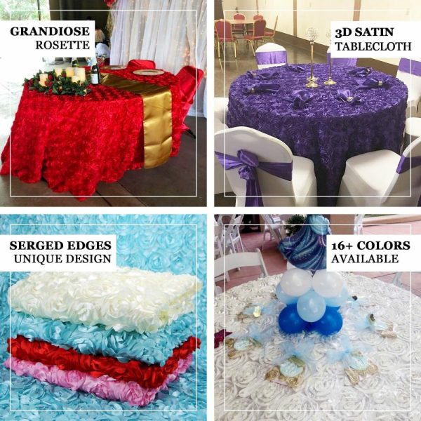 Rosette & Petals |  120″ Champagne Seamless Grandiose 3D Rosette Satin Round Tablecloth for 5 Foot Table With Floor-Length Drop