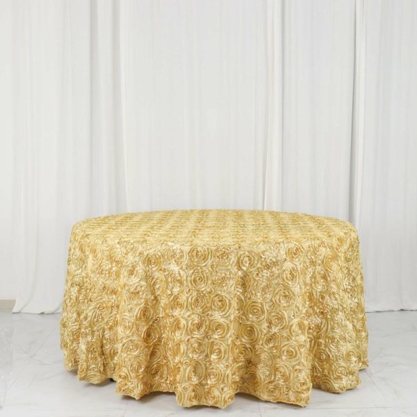 Rosette & Petals |  120″ Champagne Seamless Grandiose 3D Rosette Satin Round Tablecloth for 5 Foot Table With Floor-Length Drop