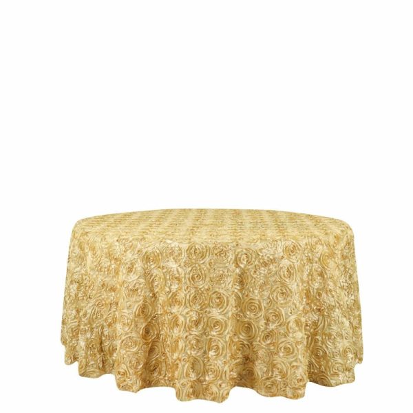 Rosette & Petals |  120″ Champagne Seamless Grandiose 3D Rosette Satin Round Tablecloth for 5 Foot Table With Floor-Length Drop