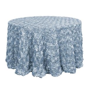 Rosette & Petals |  120″ Dusty Blue Seamless Grandiose 3D Rosette Satin Round Tablecloth for 5 Foot Table With Floor-Length Drop