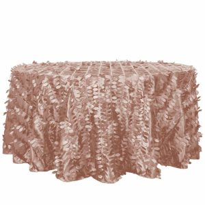 Rosette & Petals |  120″ Dusty Rose 3D Leaf Petal Taffeta Fabric Seamless Round Tablecloth for 5 Foot Table With Floor-Length Drop