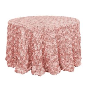 Rosette & Petals |  120″ Dusty Rose Seamless Grandiose 3D Rosette Satin Round Tablecloth for 5 Foot Table With Floor-Length Drop