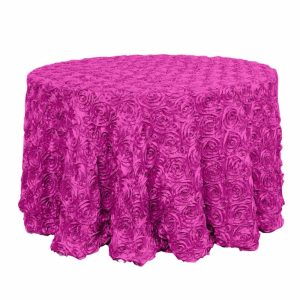 Rosette & Petals |  120″ Fuchsia Seamless Grandiose 3D Rosette Satin Round Tablecloth for 5 Foot Table With Floor-Length Drop