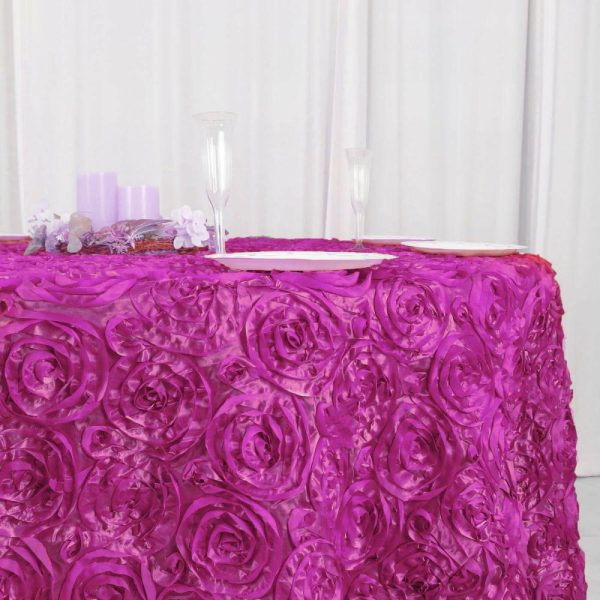 Rosette & Petals |  120″ Fuchsia Seamless Grandiose 3D Rosette Satin Round Tablecloth for 5 Foot Table With Floor-Length Drop