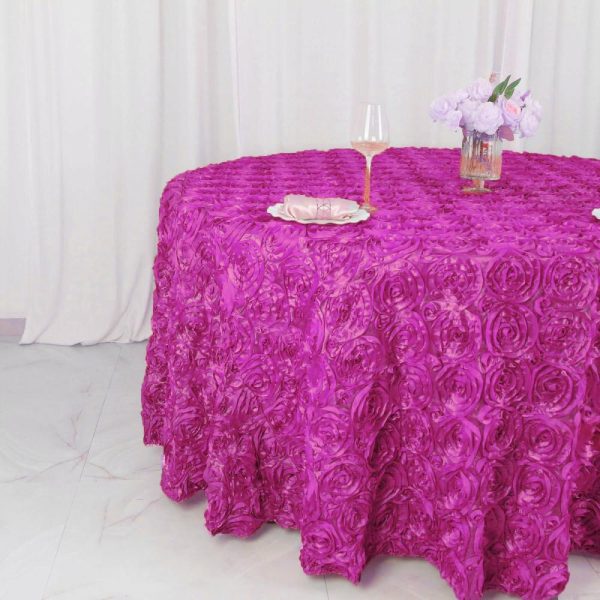 Rosette & Petals |  120″ Fuchsia Seamless Grandiose 3D Rosette Satin Round Tablecloth for 5 Foot Table With Floor-Length Drop