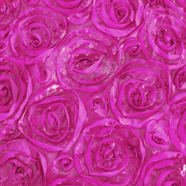 Rosette & Petals |  120″ Fuchsia Seamless Grandiose 3D Rosette Satin Round Tablecloth for 5 Foot Table With Floor-Length Drop