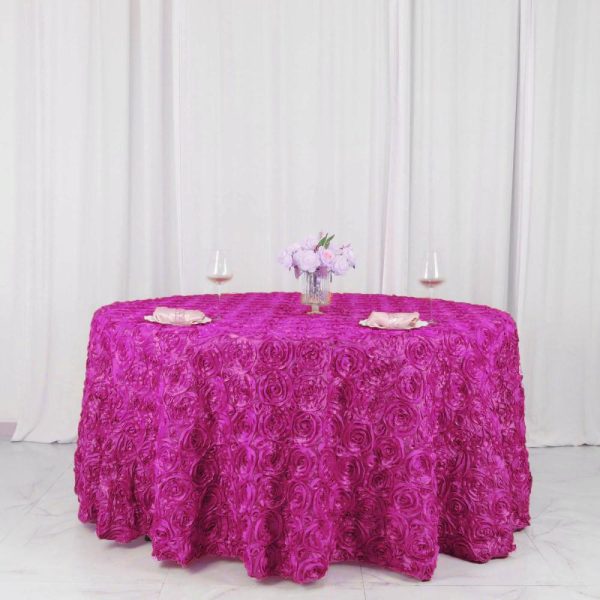 Rosette & Petals |  120″ Fuchsia Seamless Grandiose 3D Rosette Satin Round Tablecloth for 5 Foot Table With Floor-Length Drop