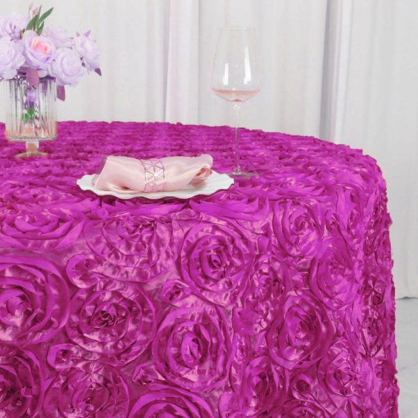 Rosette & Petals |  120″ Fuchsia Seamless Grandiose 3D Rosette Satin Round Tablecloth for 5 Foot Table With Floor-Length Drop