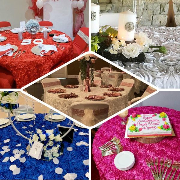 Rosette & Petals |  120″ Fuchsia Seamless Grandiose 3D Rosette Satin Round Tablecloth for 5 Foot Table With Floor-Length Drop