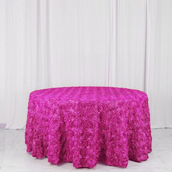 Rosette & Petals |  120″ Fuchsia Seamless Grandiose 3D Rosette Satin Round Tablecloth for 5 Foot Table With Floor-Length Drop