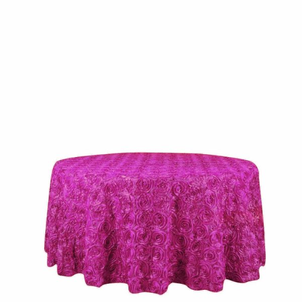 Rosette & Petals |  120″ Fuchsia Seamless Grandiose 3D Rosette Satin Round Tablecloth for 5 Foot Table With Floor-Length Drop