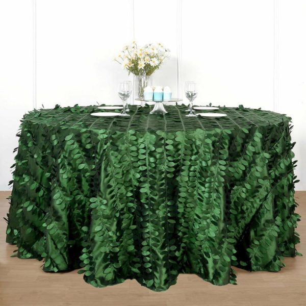 Rosette & Petals |  120″ Green Leaf Petal Taffeta Seamless Round Tablecloth for 5 Foot Table With Floor-Length Drop