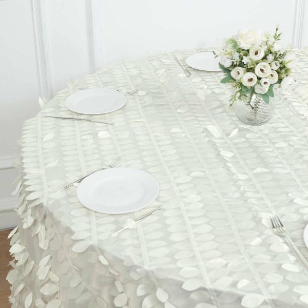 Rosette & Petals |  120″ Ivory Leaf Petal Taffeta Seamless Round Tablecloth for 5 Foot Table With Floor-Length Drop