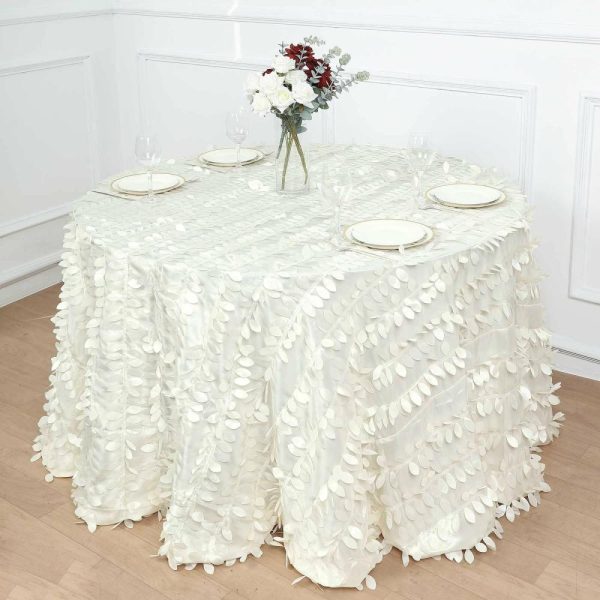 Rosette & Petals |  120″ Ivory Leaf Petal Taffeta Seamless Round Tablecloth for 5 Foot Table With Floor-Length Drop