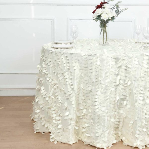 Rosette & Petals |  120″ Ivory Leaf Petal Taffeta Seamless Round Tablecloth for 5 Foot Table With Floor-Length Drop