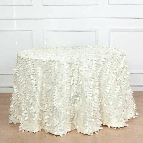 Rosette & Petals |  120″ Ivory Leaf Petal Taffeta Seamless Round Tablecloth for 5 Foot Table With Floor-Length Drop