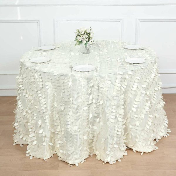 Rosette & Petals |  120″ Ivory Leaf Petal Taffeta Seamless Round Tablecloth for 5 Foot Table With Floor-Length Drop