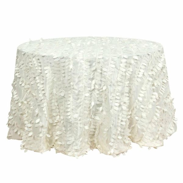 Rosette & Petals |  120″ Ivory Leaf Petal Taffeta Seamless Round Tablecloth for 5 Foot Table With Floor-Length Drop