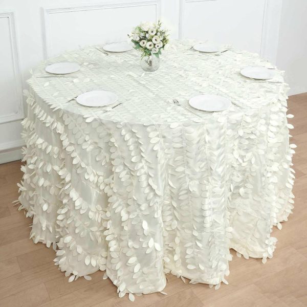 Rosette & Petals |  120″ Ivory Leaf Petal Taffeta Seamless Round Tablecloth for 5 Foot Table With Floor-Length Drop