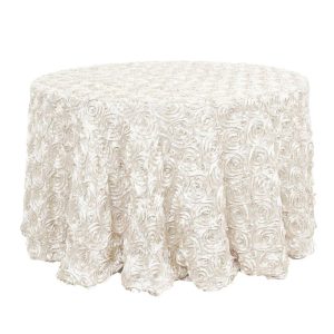 Rosette & Petals |  120″ Ivory Seamless Grandiose 3D Rosette Satin Round Tablecloth for 5 Foot Table With Floor-Length Drop