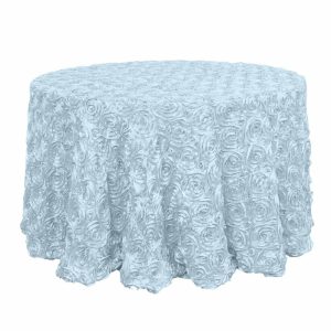 Rosette & Petals |  120″ Light Blue Seamless Grandiose 3D Rosette Satin Round Tablecloth for 5 Foot Table With Floor-Length Drop