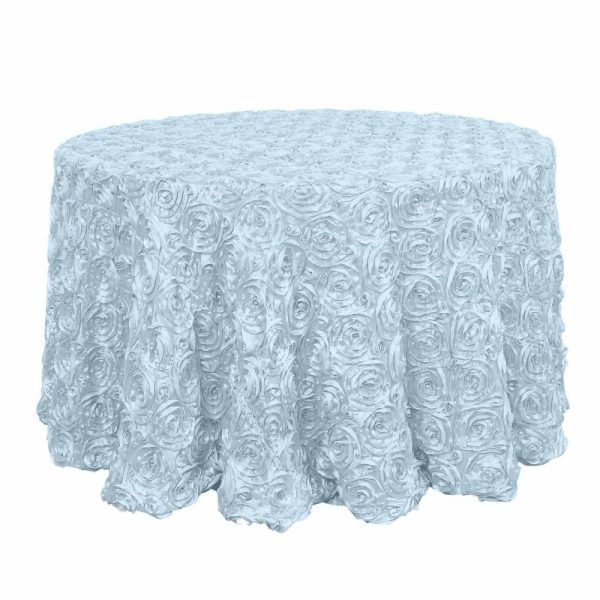 Rosette & Petals |  120″ Light Blue Seamless Grandiose 3D Rosette Satin Round Tablecloth for 5 Foot Table With Floor-Length Drop