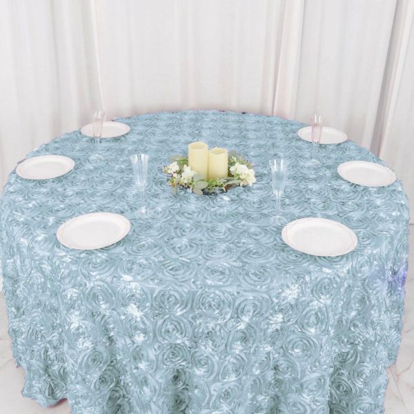 Rosette & Petals |  120″ Light Blue Seamless Grandiose 3D Rosette Satin Round Tablecloth for 5 Foot Table With Floor-Length Drop