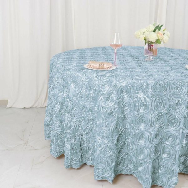 Rosette & Petals |  120″ Light Blue Seamless Grandiose 3D Rosette Satin Round Tablecloth for 5 Foot Table With Floor-Length Drop