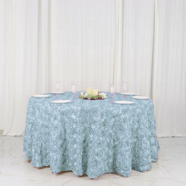 Rosette & Petals |  120″ Light Blue Seamless Grandiose 3D Rosette Satin Round Tablecloth for 5 Foot Table With Floor-Length Drop