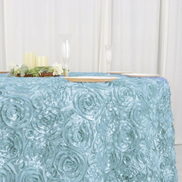 Rosette & Petals |  120″ Light Blue Seamless Grandiose 3D Rosette Satin Round Tablecloth for 5 Foot Table With Floor-Length Drop