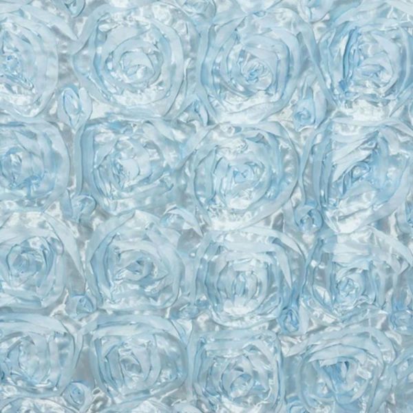 Rosette & Petals |  120″ Light Blue Seamless Grandiose 3D Rosette Satin Round Tablecloth for 5 Foot Table With Floor-Length Drop